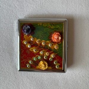 Vintage Floral Sequin Metal Cigarette Case Business Card Holder Silver Tone